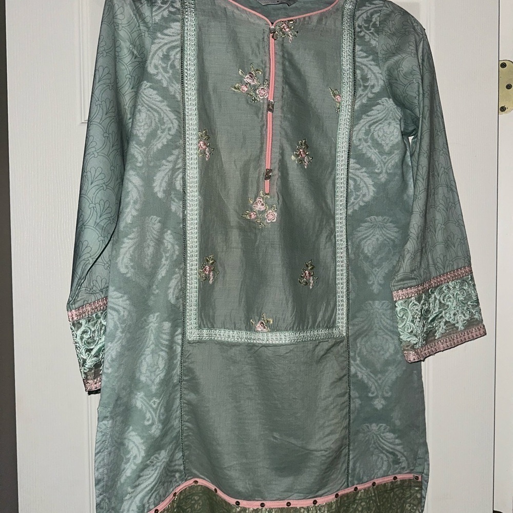 Maria B. Elegant Floral Embroidered Tunic - Green and Pink.